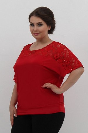 Красный Универсальная блуза с округлым вырезом горловины, выполненная в сочетании тканей различных фактур. Верхняя часть модели декорирована ажурной тканью, что позволяет блузе стать отличным варианто