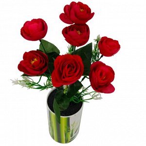Роза букет Букет роз с декоративной пластмассовой зеленью.
Высота: 33 см.
Количество веток: 7 шт.
Диаметр голов: 4 см.
Материал голов: текстиль