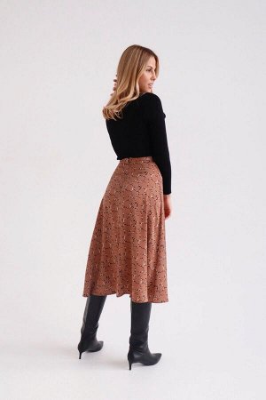 Шёлковая юбка А-силуэта кофейная с принтом