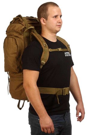 Армейский рейдовый рюкзак (хаки-песок, 60-75 л) (CH-053) №1 - Два боковых накладных кармана, дополнительные отделения сверху и снизу. Возможность крепления навесного снаряжения. Нагрудный и поясной ре