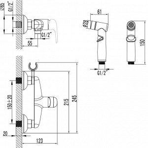 LM3318BL "PRAMEN" Смеситель настенный с гигиеническим душем, черный