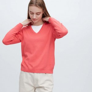 UNIQLO — хлопковый свитер с V-образным вырезом — розовый