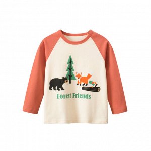 Детский лонгслив с медведем и лисой в лесу, цвет оранжевый, молочный