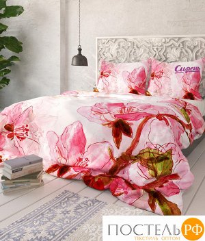 04905-----КПБС Комплект постельного белья 'Цветки вишни', искуственный шелк/микрофибра (100% полиэстер), Семейный, упаковка: ПВХ