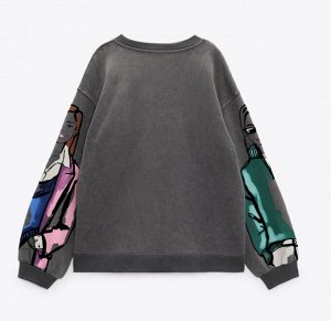 ZARA / Осенне-зимний женский универсальный Свободный повседневный свитер с длинными рукавами и круглым вырезом с принтом