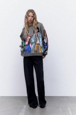ZARA / Осенне-зимний женский универсальный Свободный повседневный свитер с длинными рукавами и круглым вырезом с принтом
