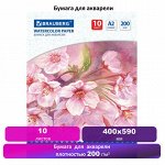 Бумага для акварели БОЛЬШАЯ А2, 10 л., 200 г/м2, 400х590 мм, BRAUBERG, &quot;Цветы&quot;, 125223
