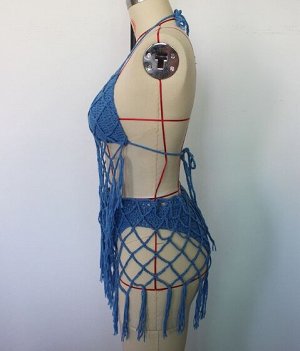 Вязаное бикини с сеткой, синий
