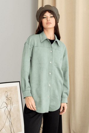 Оливковая удлинённая рубашка с карманами