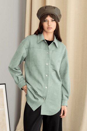 Оливковая удлинённая рубашка с карманами