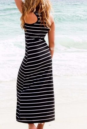 Платье пляжное, длинное в полоску, черный