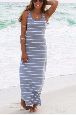 Платье пляжное, длинное в полоску, серый