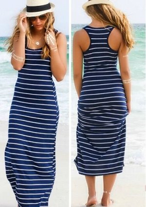 Платье пляжное, длинное в полоску, синий