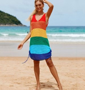 Туника вязаная пляжная с кулисками по бокам, с открытой спинкой, радуга