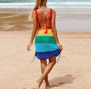 Туника вязаная пляжная с кулисками по бокам, с открытой спинкой, радуга