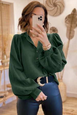 Зеленая текстурированная блуза с объемным рукавом