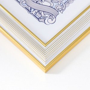 Фоторамка пластик формат А4 "Мелкая сетка" белая с двойной золотой обводкой 31,5х24,5 см