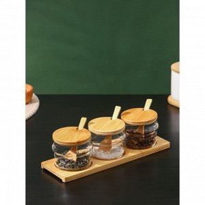 Набор банок стеклянных для сыпучих продуктов на деревянной подставке «Эко. Грани», 295 мл, 30?10?13 см, 3 шт
