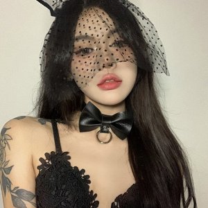Чокер-бабочка кожаный чёрный "Bitch Bunny" / арт. 228-19ч