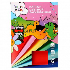 FLOMIK Картон цветной лакированный мелованный, А4, 6л., 6цв., в папке