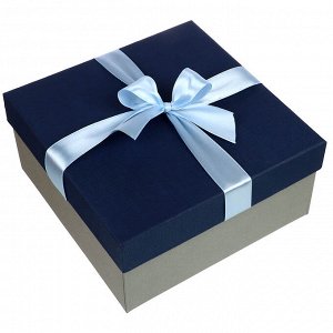 Коробка подарочная с бантом тиснение Рогожка 19х19х9 см синий-серый