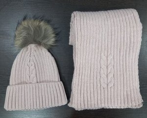 Женский комплект Шапка+шарф одинарный шерсть цвет Грязно-розовый