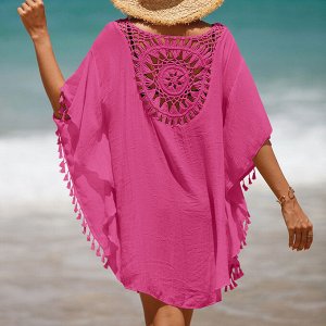 Женское короткое платье-накидка с вышивкой и спущенными рукавами, цвет розовый
