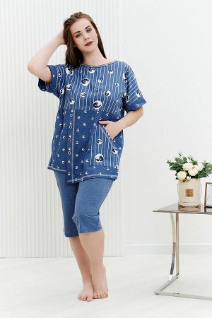 Костюм Варианты расцветки: олива, джинс
Ткань:  кулирка, Состав:  хлопок 100%; хлопок 43%/ ПЭ 57%
Костюм женский: туника прямого силуэта и капри. Рукав цельнокроенный короткий с манжетой. Верхняя и ни