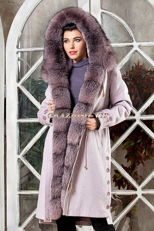 Длинная парка- пальто из кашемира и шерсти с отделкой из меха чернобурки