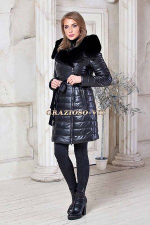 Кожаное пальто с отделкой из меха кролика