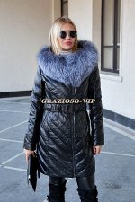 Кожаный пуховик с отделкой из меха чернобурки