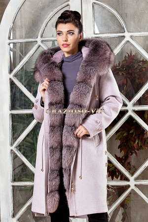 Длинная парка- пальто из кашемира и шерсти с отделкой из меха чернобурки