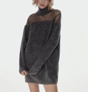 ZARA / ТРИКОТАЖНЫЙ удлиненный СВИТЕР С ДЕТАЛЬЮ ИЗ ПОЛУПРОЗРАЧНОЙ ТКАНИ арт. 9598220 802, серый