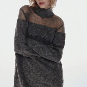 ZARA / ТРИКОТАЖНЫЙ удлиненный СВИТЕР С ДЕТАЛЬЮ ИЗ ПОЛУПРОЗРАЧНОЙ ТКАНИ арт. 9598220 802, серый