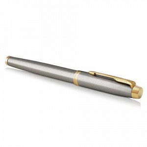 Ручка-роллер PARKER "IM Core Brushed Metal GT", серебристый матовый лак, позолота, черная, 1931663
