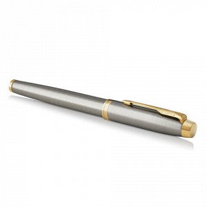Ручка перьевая PARKER "IM Core Brushed Metal GT", серебристый матовый лак, позолота, синяя, 1931649