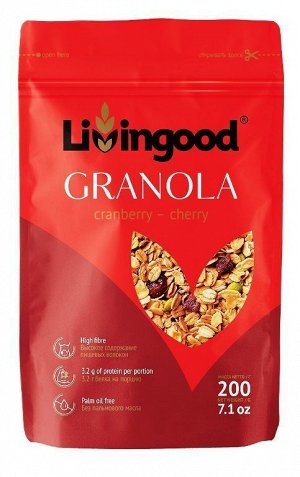 Гранола (мюсли запеченые) LIivingood Клюква и вишня 200г зип-пакет /8