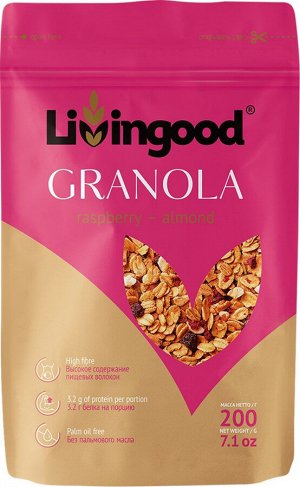 Гранола (мюсли запеченые) LIivingood Малина и миндаль 200г зип-пакет /8