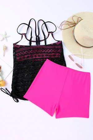 Rose Color Block Lace Drawstring Tie Tankini Set