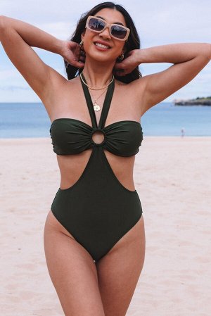 VitoRicci Green Halter O-ring Ruched Bust One Piece Swimsuit
