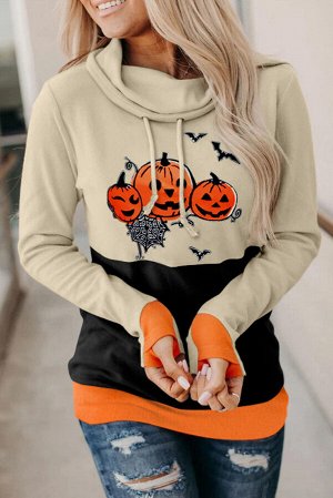 Бежево-черный свитшот-худи на Хэллоуин с оранжевыми вставками и принтом тыквы и летучие мыши