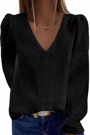 Черная блуза в швейцарский горошек с V-образным вырезом и пышными рукавами