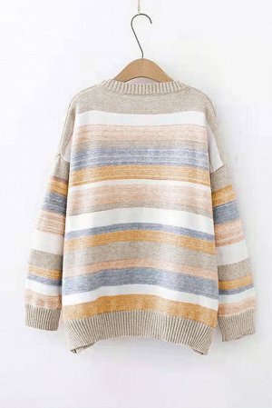 Бежевый полосатый свитер с круглым вырезом