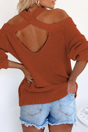 Коричневый вязаный свитер с открытыми плечами и спиной
