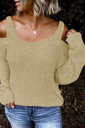 Песочный вязаный свитер с открытыми плечам