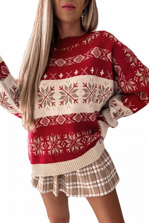Красный вязаный свитер со скандинавским узором