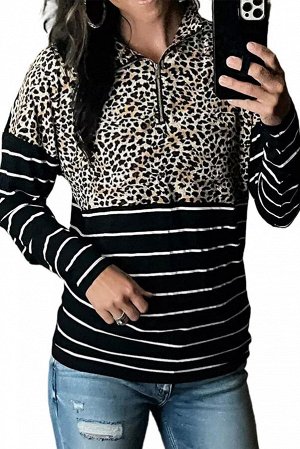 Черный леопардовый пуловер в полоску с воротником на молнии