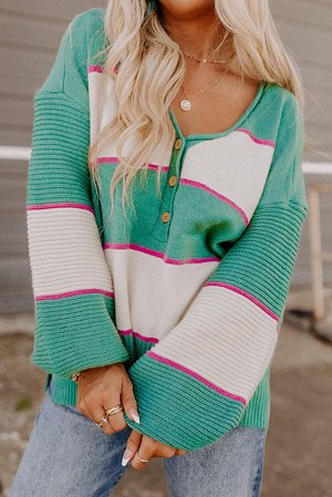 Зеленый полосатый свитер с пуговицами