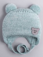 Шапка вязаная детская с двумя бубонами, на завязках, нашивка HAPPY BEAR, серо-зеленый