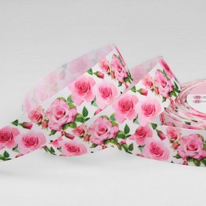 Лента репсовая «Розы», 25 мм, 18 ± 1 м, цвет белый/розовый